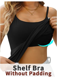 Shelf Bra Camisoles Adjustable Spaghetti Strap Tank Tops Scoop Neck Layer Cami-Black