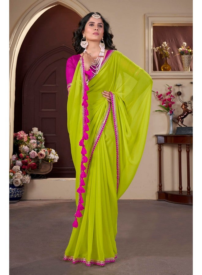 Glory Sarees Women's Georgette Pumpum Lace Border Saree With Blouse Piece (Pumpum_101_Green) - Image 2
