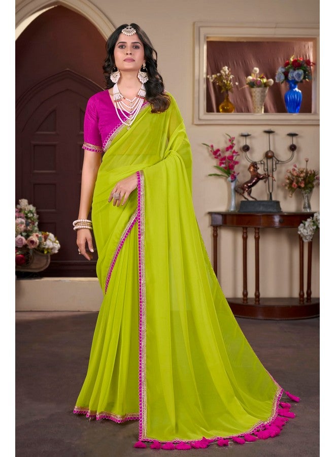 Glory Sarees Women's Georgette Pumpum Lace Border Saree With Blouse Piece (Pumpum_101_Green) - Image 4