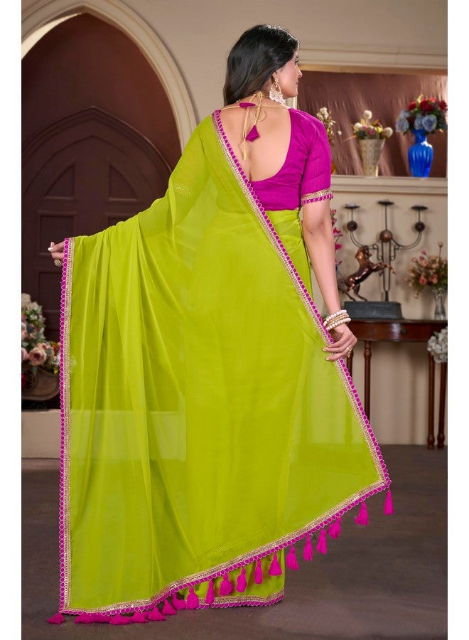 Glory Sarees Women's Georgette Pumpum Lace Border Saree With Blouse Piece (Pumpum_101_Green) - Image 5