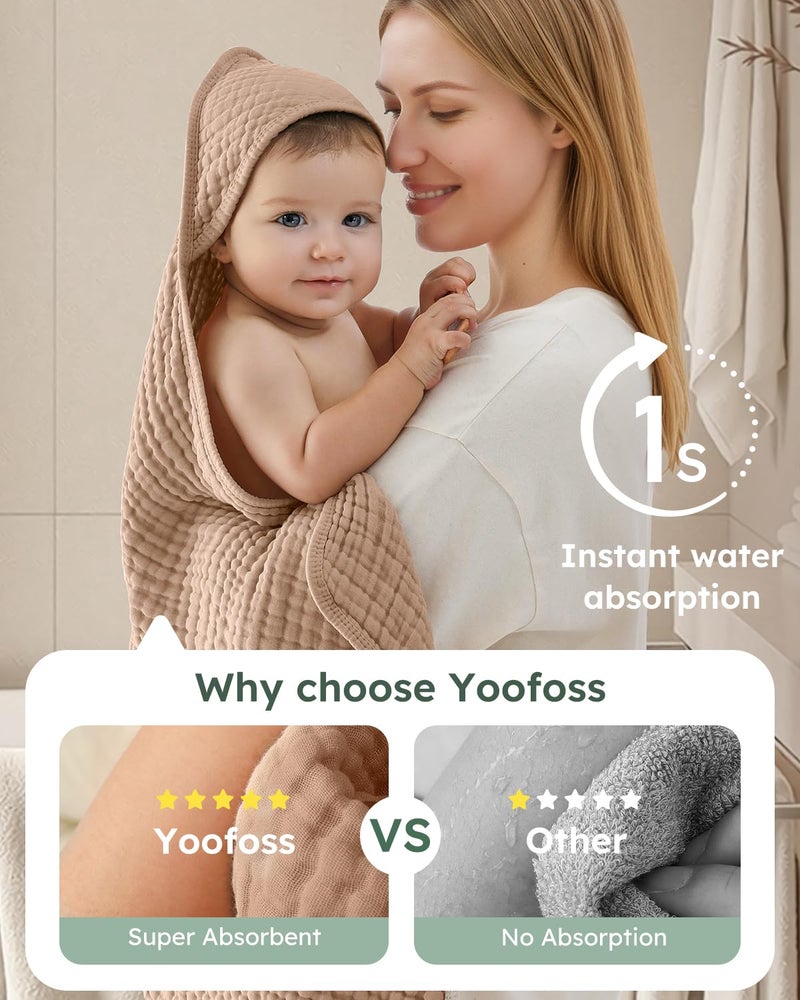 Yoofoss Hooded Baby Towels for Newborn 2 Pack 100% Muslin Organic Cotton Baby Bath Towel with Hood for Babies, Infant, Toddler and Kids, Large 32x32Inch, Soft and Absorbent Newborn Essential - Image 3
