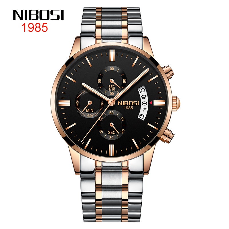 Nibosi Butterfly Snap Solid Steel Band Men'S Watch Waterproof Coated Glass Luminous Three Eyes 6 Pin Quartz Watch - Image 1