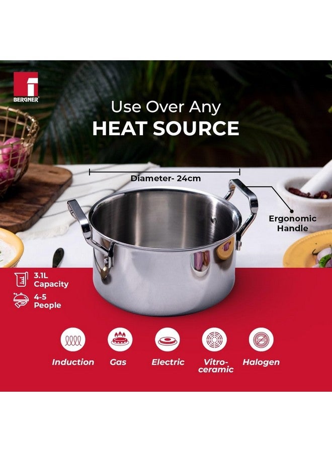 BERGNER Bergner Tripro Tri-Ply Cook and Serve 24cm Casserole/Biryani Pot/Handi with Stainless Steel Lid, 5.5 litres Triply Casserole, Induction Bottom and Gas Stove Ready (5-Year Warranty by Bergner)  - Image 2