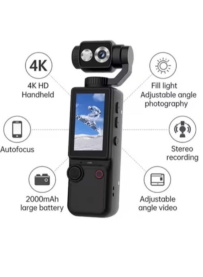 إيرتاب كاميرا تصوير فيديو (Vlogging) جيب بدقة Ultra HD 4K، مزودة بعدسة مثبتة (Gimbal) قابلة للدوران بزاوية 180 درجة وشاشة لمس بمقاس 2.0 بوصة - كاميرا أكشن صغيرة ومثبت فيديو محمول باليد، مخصصة لصناع المحتوى ومنصات TikTok وYouTube والسفر - باللون الأسود - Image 3