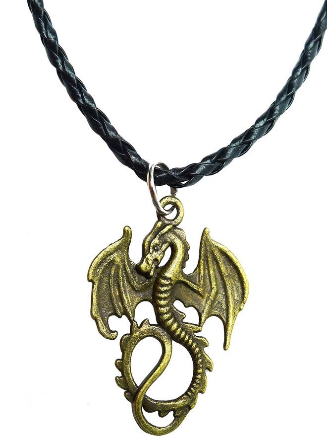 Bijoux de Ja Antique Bronze Gothic Classic Flying Dragon Pendant Braided P'leather Necklace 16+2 Inches - Image 1