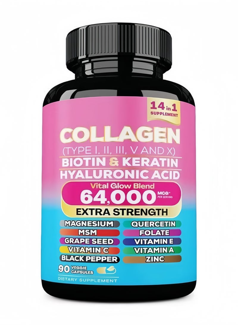 Wins Town Collagen Supplement Type I II III V X Biotin Keratin Hyaluronic Acid MSM Hair Growth Skin Vitamin A Vitamin C Vitamin E (90 Caps) - Image 1