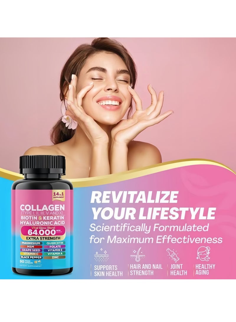 Wins Town Collagen Supplement Type I II III V X Biotin Keratin Hyaluronic Acid MSM Hair Growth Skin Vitamin A Vitamin C Vitamin E (90 Caps) - Image 2