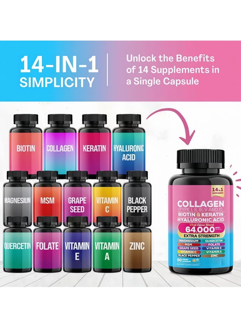Wins Town Collagen Supplement Type I II III V X Biotin Keratin Hyaluronic Acid MSM Hair Growth Skin Vitamin A Vitamin C Vitamin E (90 Caps) - Image 3