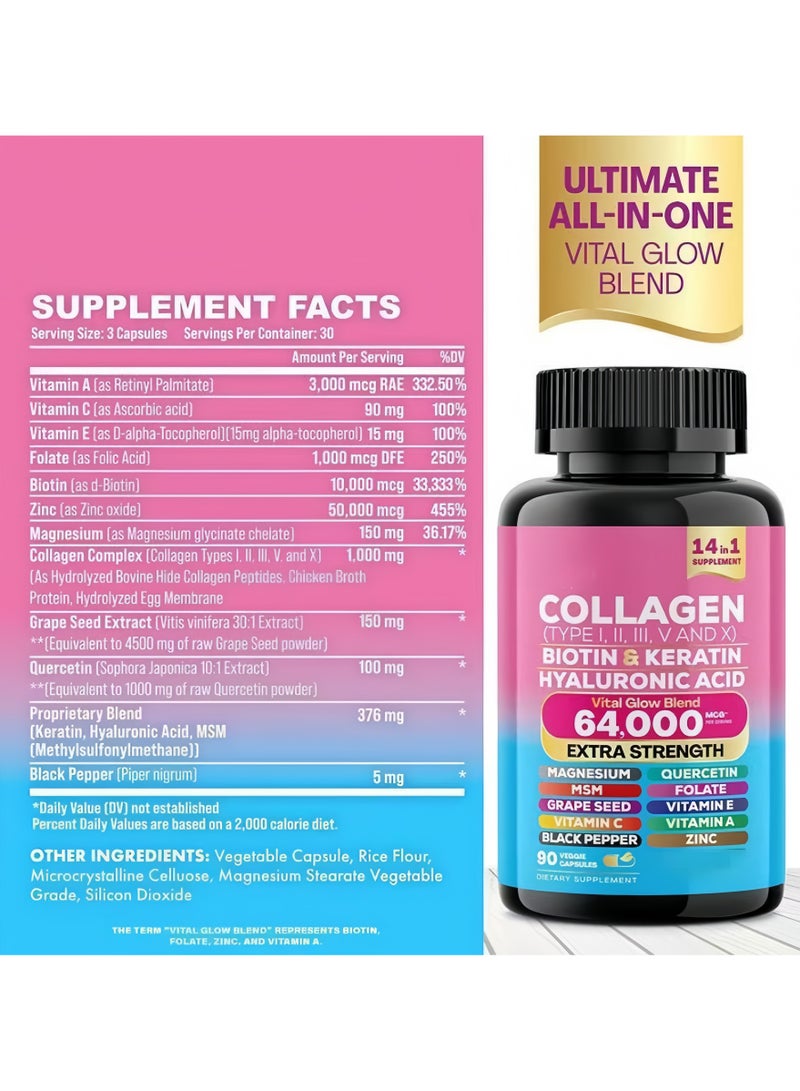 Wins Town Collagen Supplement Type I II III V X Biotin Keratin Hyaluronic Acid MSM Hair Growth Skin Vitamin A Vitamin C Vitamin E (90 Caps) - Image 5