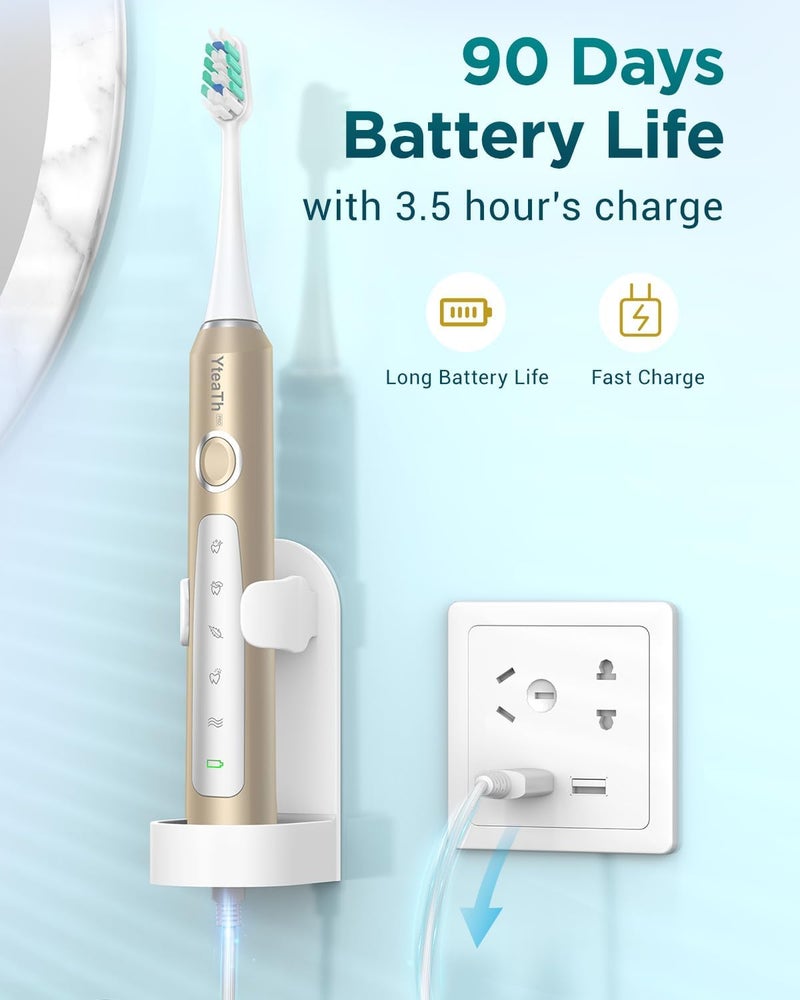 YTEATH PRO Sonic Electric Toothbrush for Family - Sonic Toothbrush Adults Child with 8 Heads and Travel Case, 5 Modes, IPX7 Waterproof, Rechargeable Travel Electric Toothbrush, Frosted Gold - Image 5