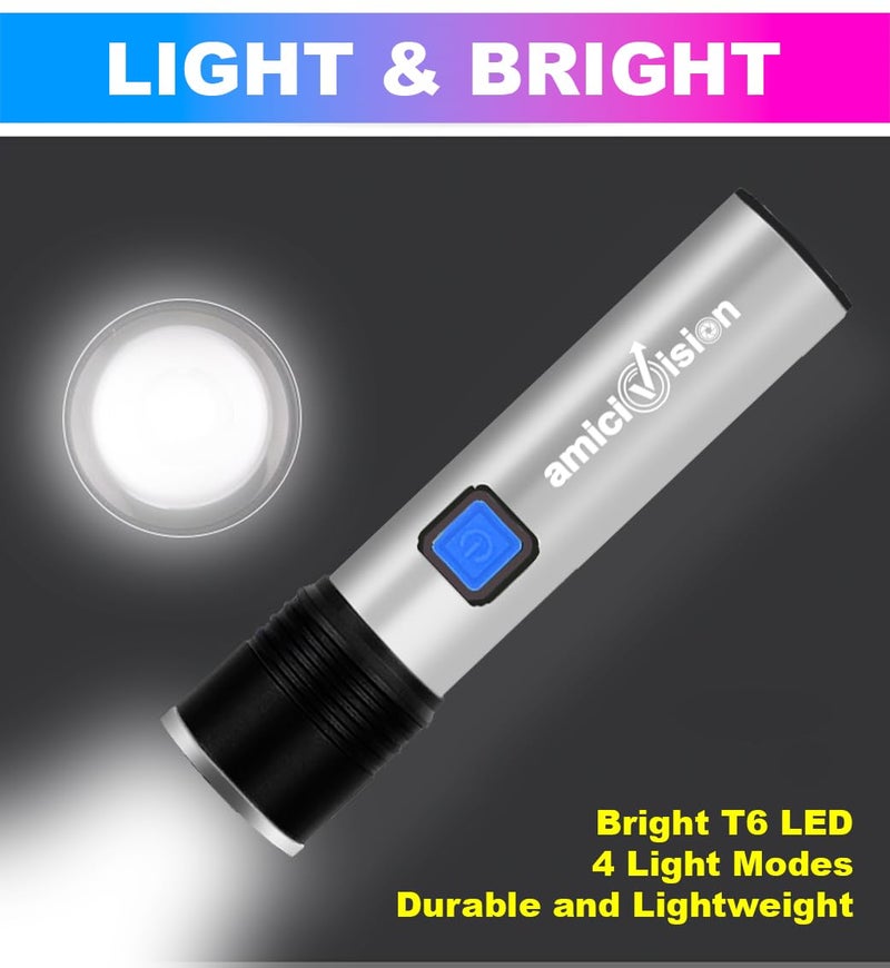 amiciVision USBRechargeable LED Flashlight T6 LED 4 Modes Zoomable Powerful Torch with Builtin Battery and Cycle Mount Torch with Cycle Mount Metal