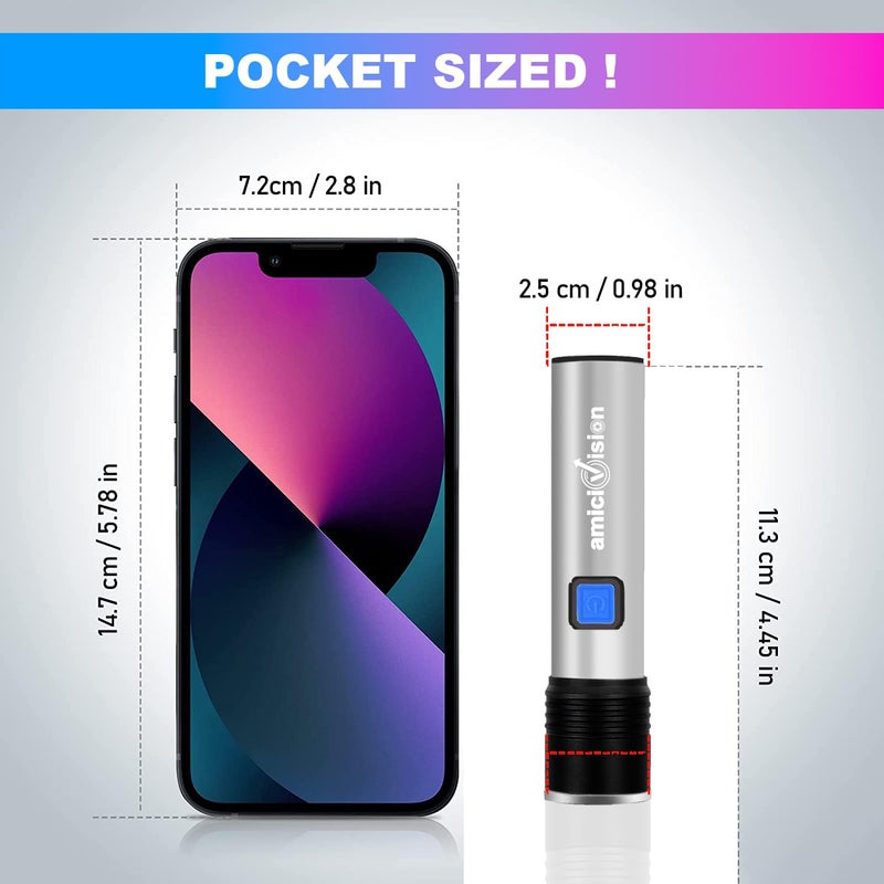 amiciVision USBRechargeable LED Flashlight T6 LED 4 Modes Zoomable Powerful Torch with Builtin Battery and Cycle Mount Torch with Cycle Mount Metal