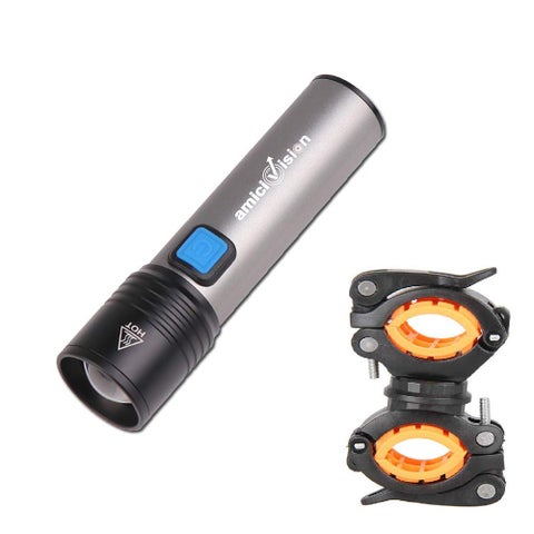 amiciVision USBRechargeable LED Flashlight T6 LED 4 Modes Zoomable Powerful Torch with Builtin Battery and Cycle Mount Torch with Cycle Mount Metal