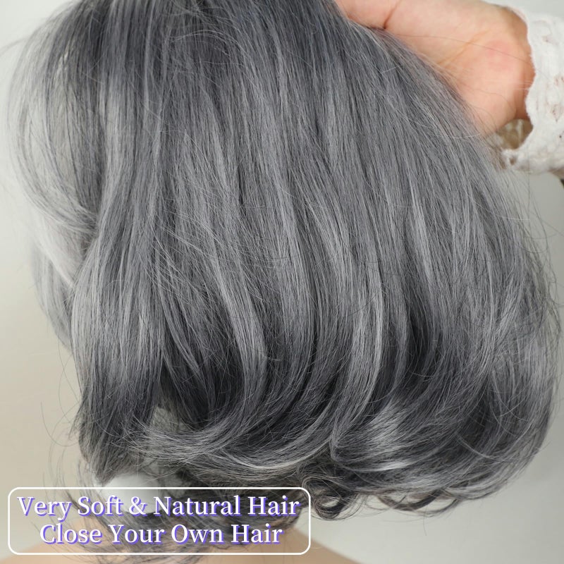 RENERSHOW Ombre Grey Short Bob Natural Straight Hair Wig with Curtain Bangs Mix Gray Heat Synthetic Wig Salt N Pepper Wigs for Women - Image 2