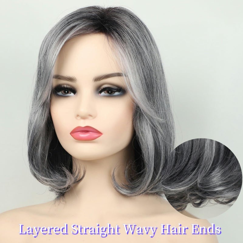 RENERSHOW Ombre Grey Short Bob Natural Straight Hair Wig with Curtain Bangs Mix Gray Heat Synthetic Wig Salt N Pepper Wigs for Women - Image 5
