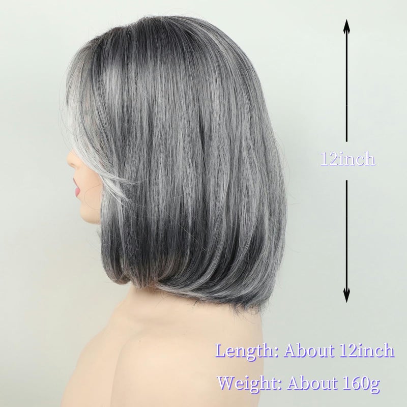 RENERSHOW Ombre Grey Short Bob Natural Straight Hair Wig with Curtain Bangs Mix Gray Heat Synthetic Wig Salt N Pepper Wigs for Women - Image 4