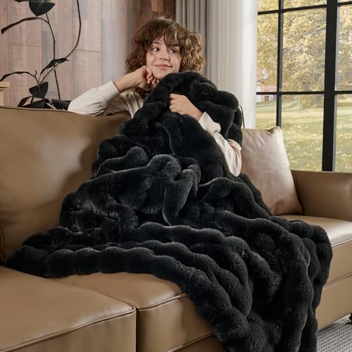 Lotus Karen Queen Size Faux Fur Blanket - Big Bubble Rabbit Fluff, 90x90 Inches - Image 4