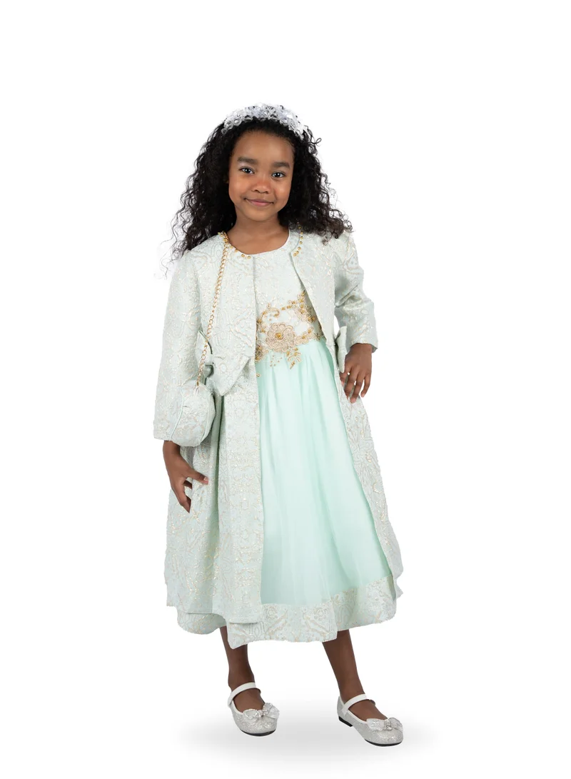 D'Daniela Jasmine Green Flowers Party Dress with Jacket and bag