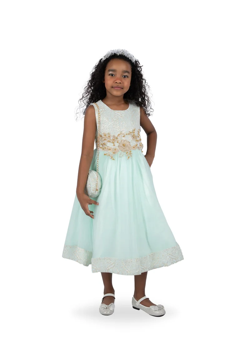 D'Daniela Jasmine Green Flowers Party Dress with Jacket and bag