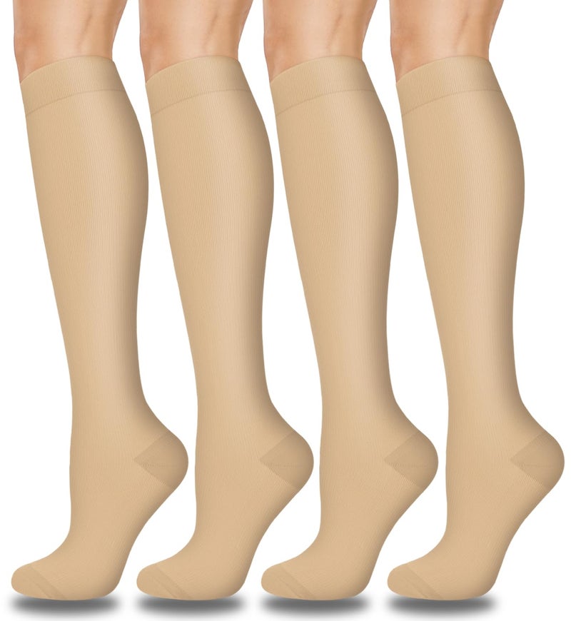 Aoliks Beige Compression Socks for Women & Men,Knee High Support Socks for Athletic Hiking Flight - Image 1