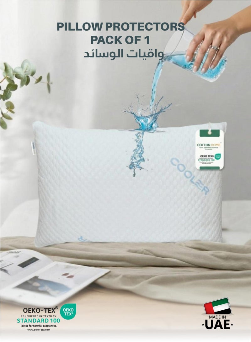 كوتون هوم Cotton Home® Collant 100% مقاوم للماء وسادة حامي Coollant حامي وسائد للنوم الساخن ناعم حريري مقاس قياسي 50x75 سم، 20x60 بوصة غطاء وسادة صيفي مع سحاب أبيض حزمة 1 - Image 1