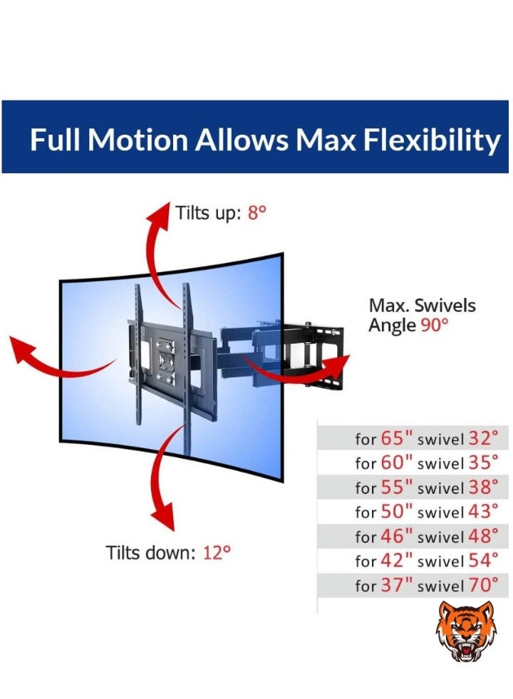 TIGER "Full Motion TV Wall Mount Bracket for 32''-65'' TVs, Supports Up to 132 lbs, VESA 600x400mm, Swivel Articulating Dual Arms" - Image 2