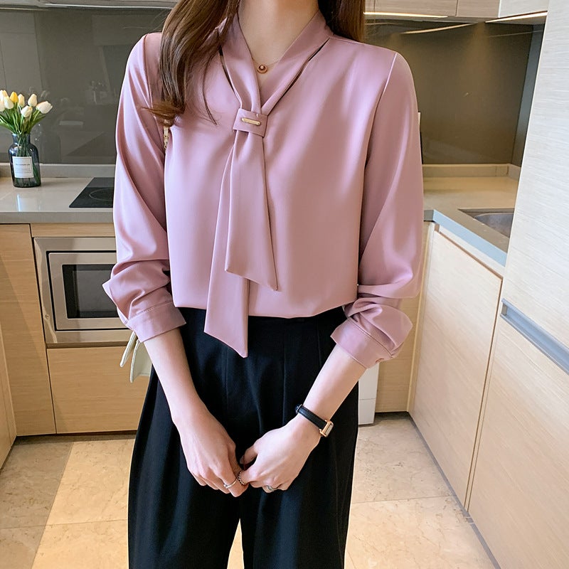Real shot spot 2024 spring Korean version of loose bow professional white chiffon shirt blouse temperament OL lotus root starch 