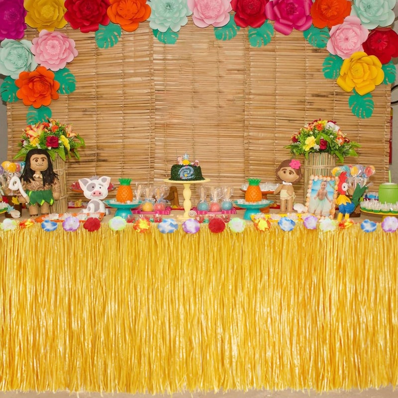 PIXHOTUL تنورة طاولة من العشب 1 قطعة لواو، زينة حفلات هاواي، تنورة طاولة هاواي 30 بوصة × 9 أقدام مع زهور الهيبسكوس، تنورة حفلة صفراء من القش لحفلة لواو، حفلة بموضوع هاواي - Image 3