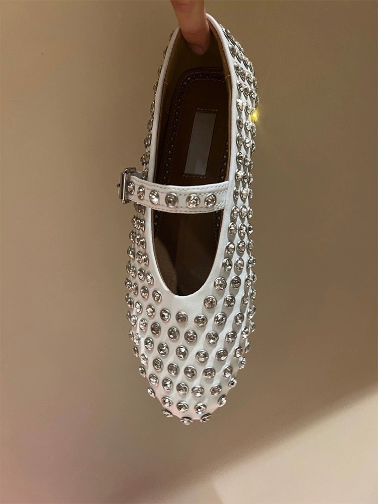 2024 High-Top Leather Rhinestone Studded Mary Jane Flats White 