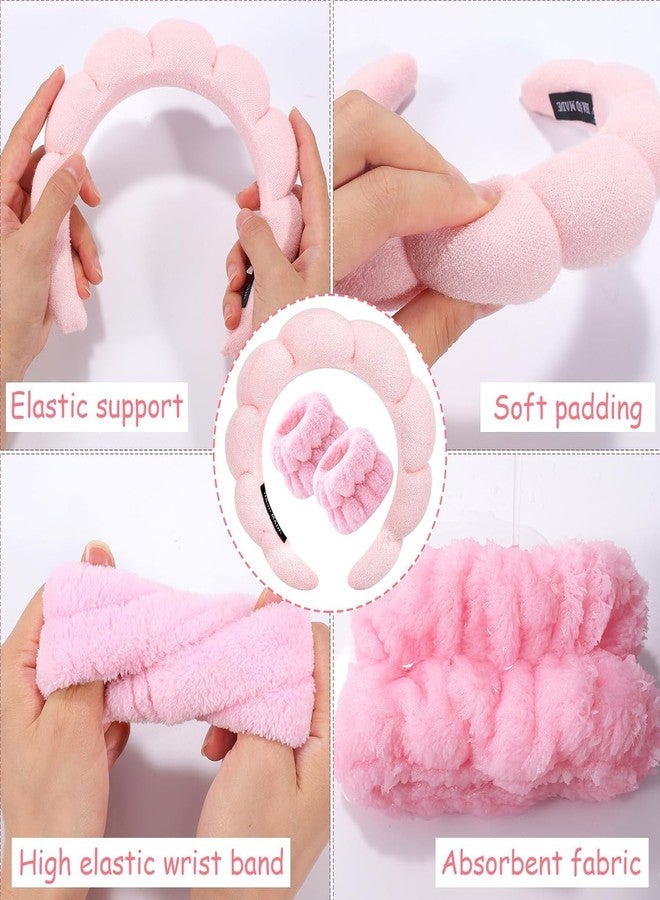 BSITFOW Spa Headband Wrist Towels Scrunchies/Wristband Set for Washing Face, Skincare Headbands for Women Terry Towel Cloth Fabric Puffy Sponge Facial Headband Hair Bands Wristbands (Pink, 17.5 cm) - Image 5