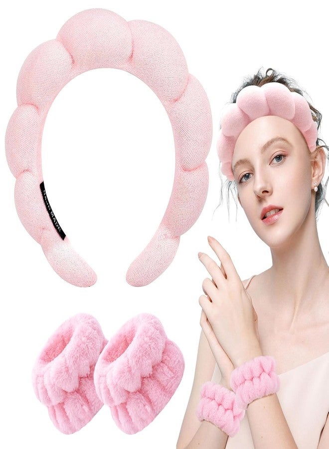 BSITFOW Spa Headband Wrist Towels Scrunchies/Wristband Set for Washing Face, Skincare Headbands for Women Terry Towel Cloth Fabric Puffy Sponge Facial Headband Hair Bands Wristbands (Pink, 17.5 cm) - Image 1