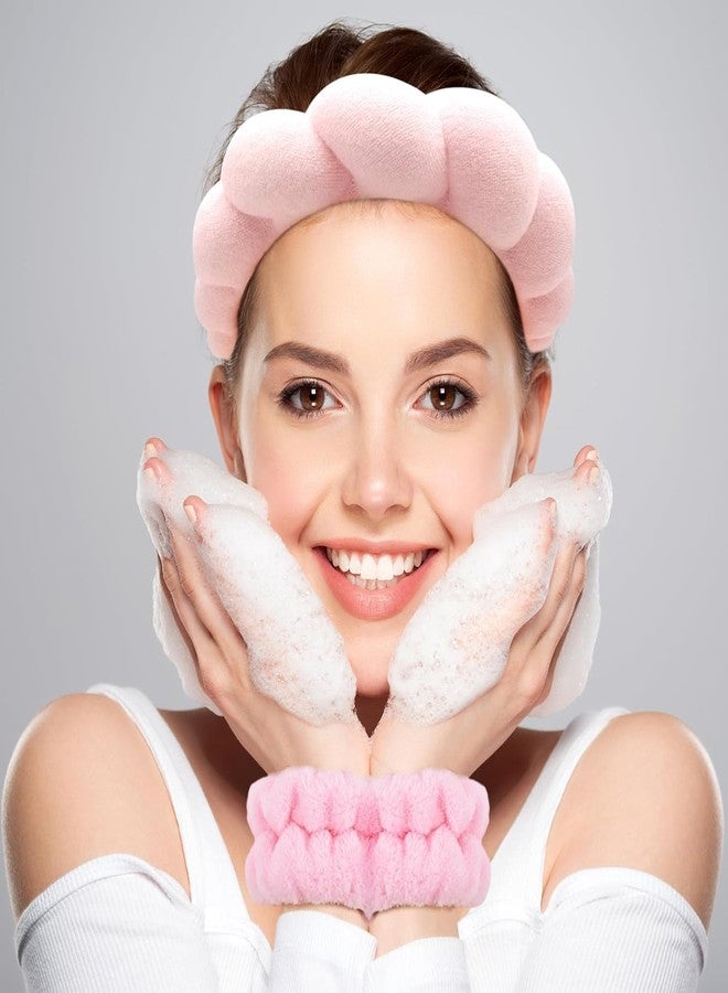 BSITFOW Spa Headband Wrist Towels Scrunchies/Wristband Set for Washing Face, Skincare Headbands for Women Terry Towel Cloth Fabric Puffy Sponge Facial Headband Hair Bands Wristbands (Pink, 17.5 cm) - Image 3