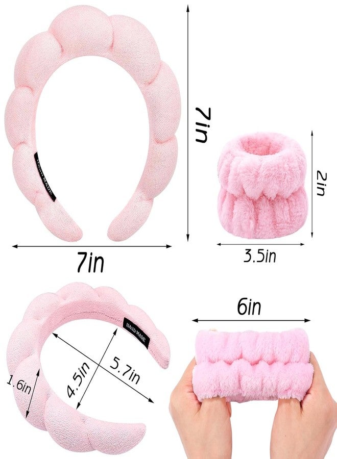 BSITFOW Spa Headband Wrist Towels Scrunchies/Wristband Set for Washing Face, Skincare Headbands for Women Terry Towel Cloth Fabric Puffy Sponge Facial Headband Hair Bands Wristbands (Pink, 17.5 cm) - Image 2