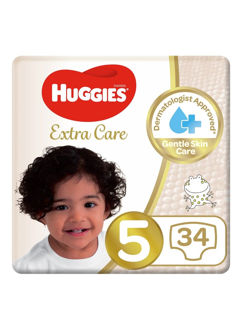 Huggies Extra Care Tape Stye Diapers, 34 Pieces, Size 5, 12-22kg - 12h Protection, Dermatologist Approved, Breathable