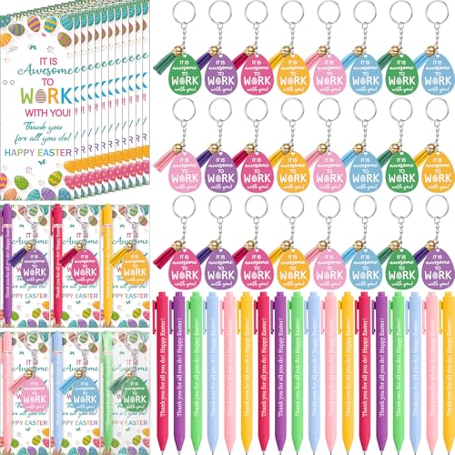 Sinload 24 Sets Easter Gifts Bulk Easter Employee Appreciation Gifts for Staff with Thank You Ballpoint Pens Egg Design Keychains Greeting Cards with Tie for Coworker Office Teacher Nurse - Image 1