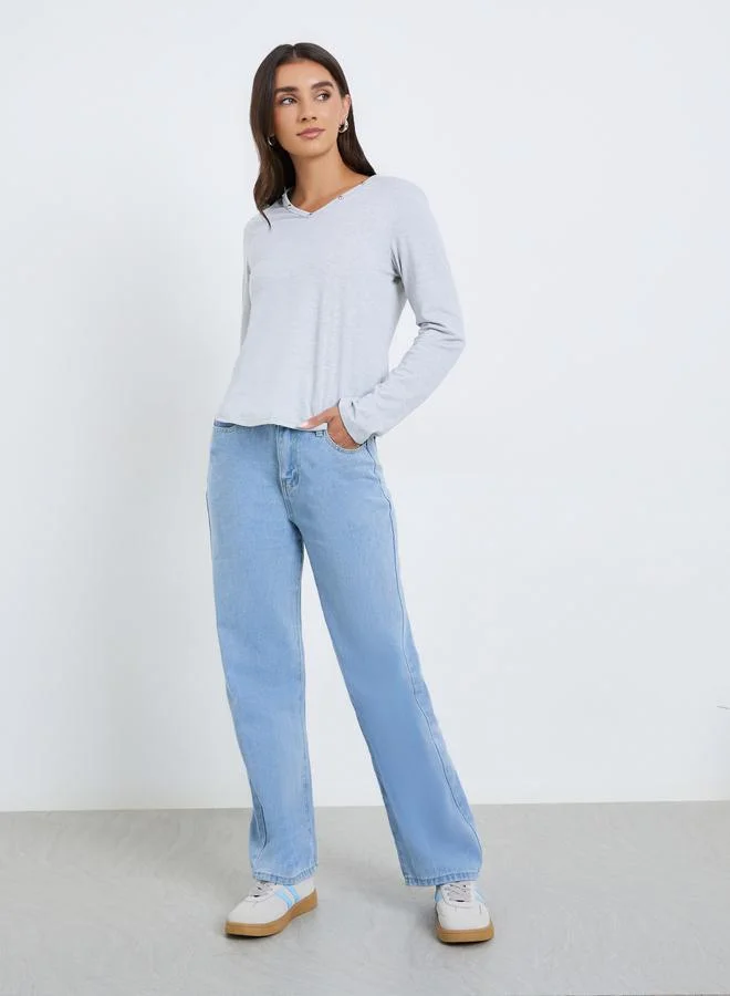 Styli Women V Neck T-Shirt with Button Detail