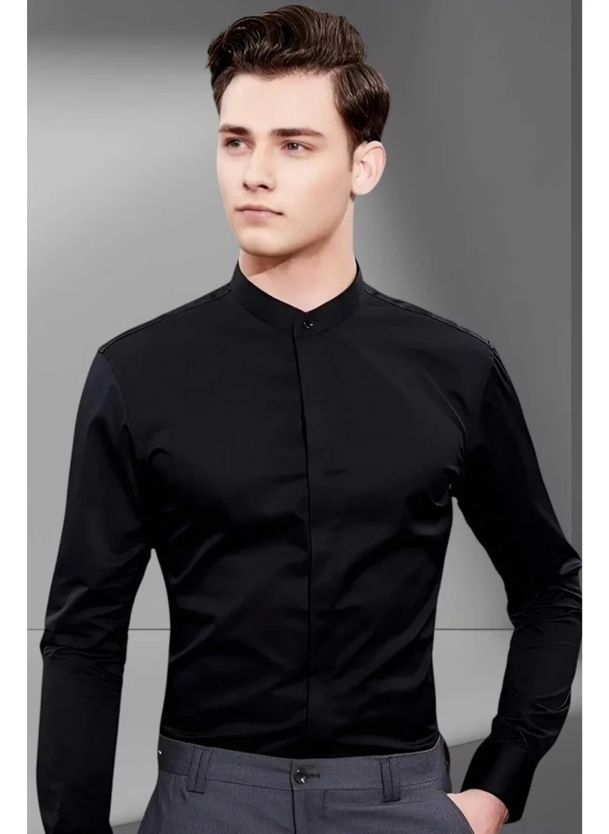 Tezzgelsin 2-Piece Judge Collar Slim Fit Breathable Easy Ironing Four Seasons Men's Shirt