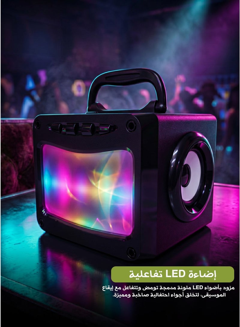 Portable Bluetooth & Party Speaker, Wireless Connectivity, Built-in Battery, Carrying Handle, LED Lights, FM Radio, 5W Output - Image 4