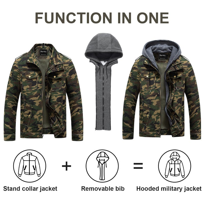 Pursky Men's Classic Camouflage Jacket Essential Stand Collar Zip-Up Lightweight Bomber Jacket Windbreaker Camo 3XL - Image 2