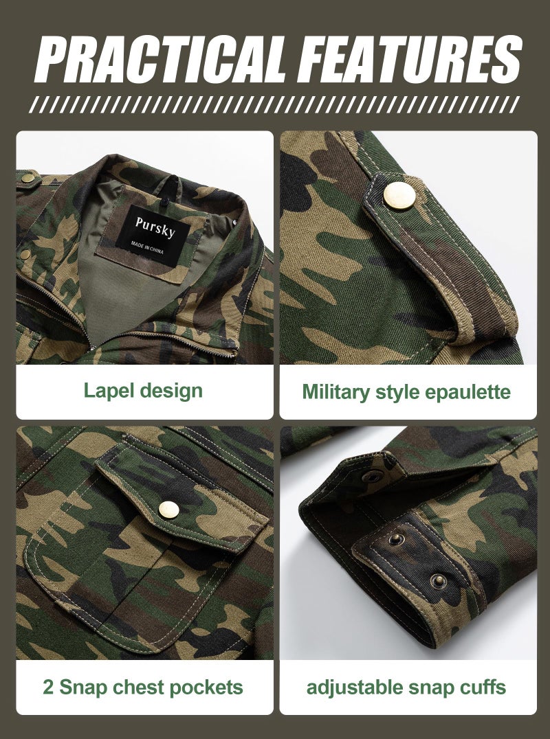 Pursky Men's Classic Camouflage Jacket Essential Stand Collar Zip-Up Lightweight Bomber Jacket Windbreaker Camo 3XL - Image 5