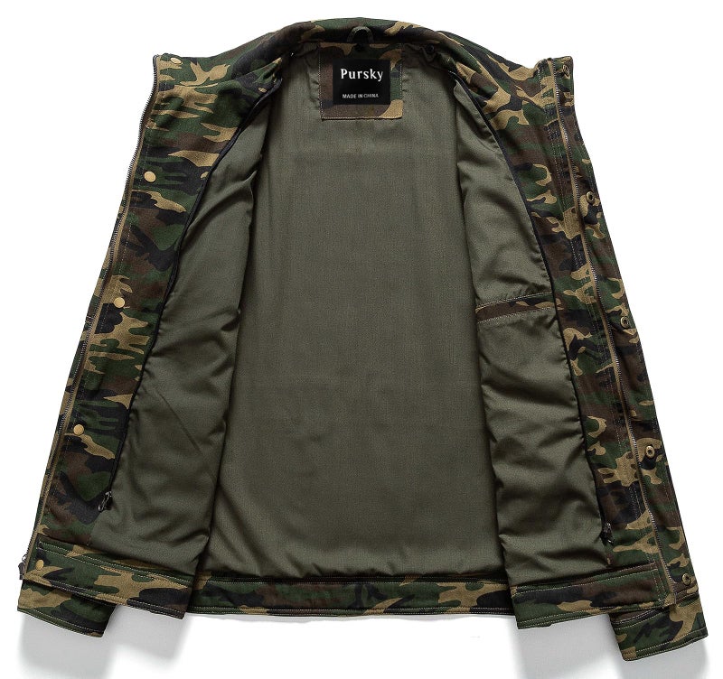 Pursky Men's Classic Camouflage Jacket Essential Stand Collar Zip-Up Lightweight Bomber Jacket Windbreaker Camo 3XL - Image 4