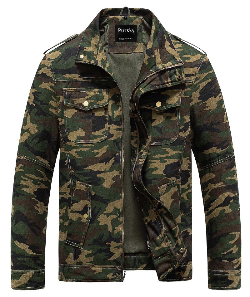 Pursky Men's Classic Camouflage Jacket Essential Stand Collar Zip-Up Lightweight Bomber Jacket Windbreaker Camo 3XL - Image 1