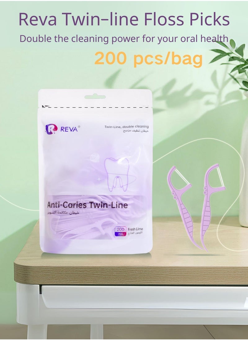 Reva Twin-line Anti-caries Dental Floss Picks 200 Count, Unbreakable Shred-Resistant Resealable Toothpicks Oral Care (Fresh Lime)