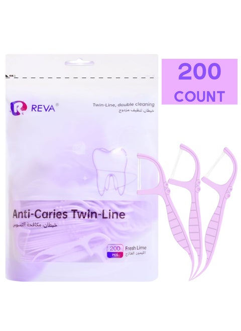 Reva Twin-line Anti-caries Dental Floss Picks 200 Count, Unbreakable Shred-Resistant Resealable Toothpicks Oral Care (Fresh Lime)