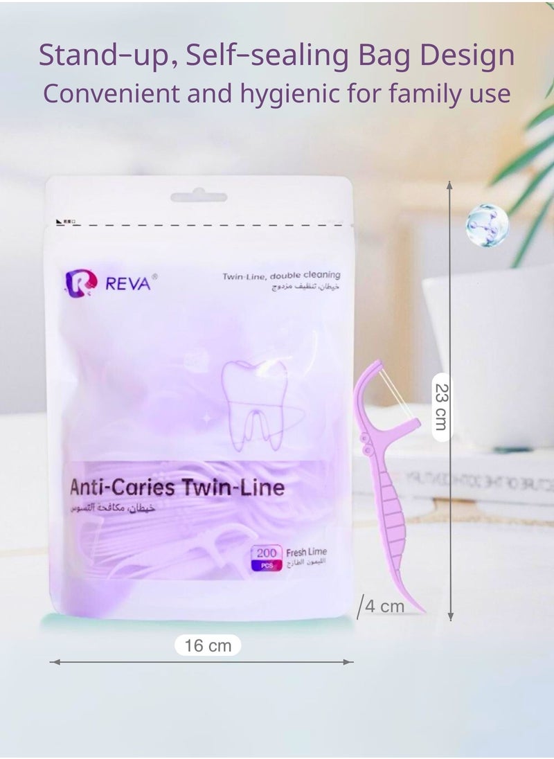 Reva Twin-line Anti-caries Dental Floss Picks 200 Count, Unbreakable Shred-Resistant Resealable Toothpicks Oral Care (Fresh Lime)