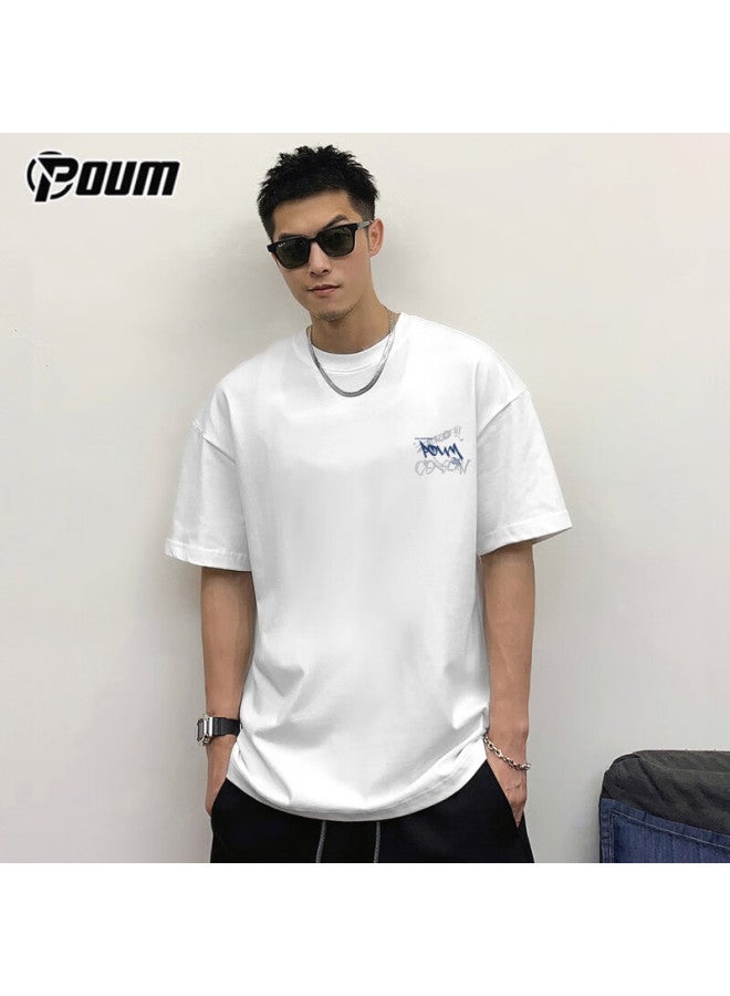 Poum Men's And Women's Short Sleeve Summer American Style Loose Thin Casual Pure Cotton T-shirt Ph04 White 2XL - Image 3