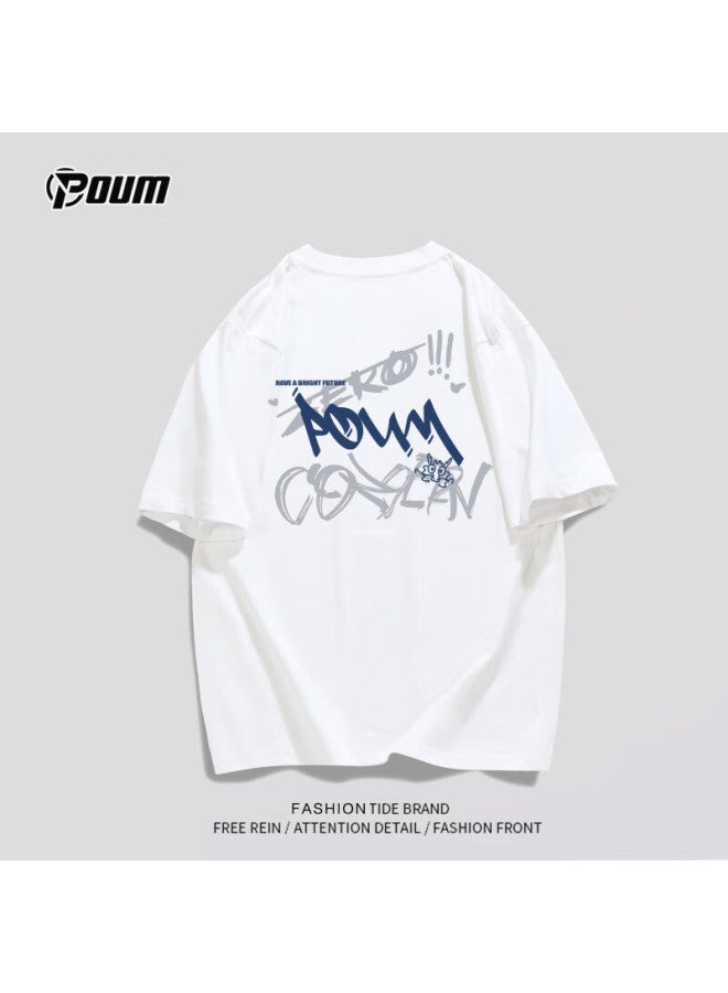 Poum Men's And Women's Short Sleeve Summer American Style Loose Thin Casual Pure Cotton T-shirt Ph04 White 2XL - Image 1