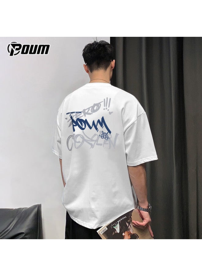 Poum Men's And Women's Short Sleeve Summer American Style Loose Thin Casual Pure Cotton T-shirt Ph04 White 2XL - Image 2