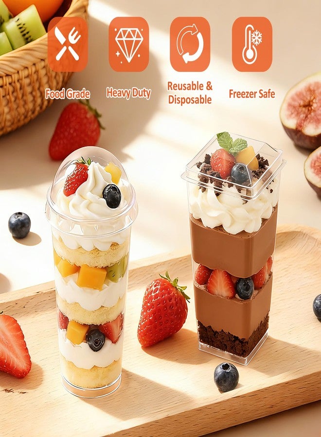 Eupako 100 Pack 3 oz Plastic Dessert Shooter Cups with Lids Assorted Shape - 50 Square & 50 Round Mini Clear Appetizer Cup, Small Dessert Cup for Jello Shots, Parfait, Puddings, Mousse - Image 3