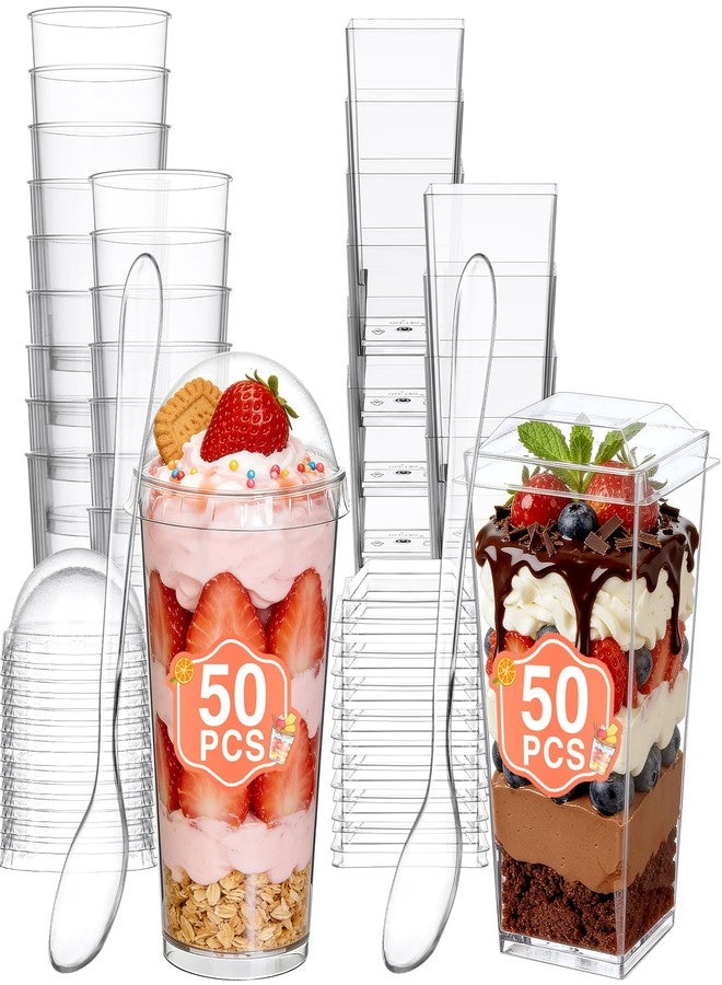 Eupako 100 Pack 3 oz Plastic Dessert Shooter Cups with Lids Assorted Shape - 50 Square & 50 Round Mini Clear Appetizer Cup, Small Dessert Cup for Jello Shots, Parfait, Puddings, Mousse - Image 1